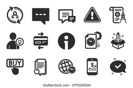 Search file, Approved and Time zone icons simple set. Divider document, User info and User idea signs. Info, Buying and Blog symbols. Project deadline, Startup and Comment. Flat icons set. Vector