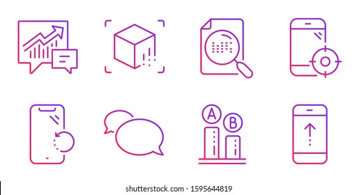 Search file, Augmented reality and Messenger line icons set. Smartphone recovery, Accounting and Ab testing signs. Seo phone, Swipe up symbols. Find document, Virtual reality. Technology set. Vector