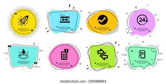 Search file, Augmented reality and Synchronize line icons set. Chat bubbles with quotes. Audit, 24 hours and Music making signs. Calculator, Startup rocket symbols. Vector