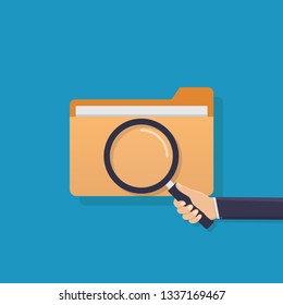 Search for file, business hand holding a magnifying glass, file, flat design vector illustration