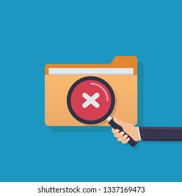 Search for file, business hand holding a magnifying glass, file, file not found, flat design vector illustration