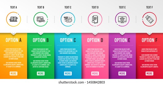 Search file, Copywriting notebook and Web shop icons simple set. Quick tips, Online payment and Usb flash signs. Find document, Writer laptop. Technology set. Infographic template. 6 steps timeline