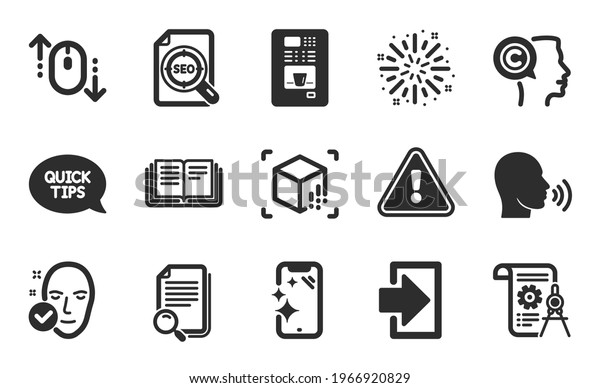 Search file, Divider document and Login icons\
simple set. Scroll down, Augmented reality and Coffee vending\
signs. Smartphone clean, Fireworks explosion and Education symbols.\
Flat icons set. Vector