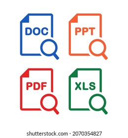 Search file doument doc,ppt,pdf, xls. Document paper and magnifying glass icon. Illustration vector