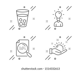 Search file, Education and Ice tea line icons set. Sunny weather sign. Find document, Human idea, Soda beverage. Hold sun. Business set. Line search file outline icon. Vector