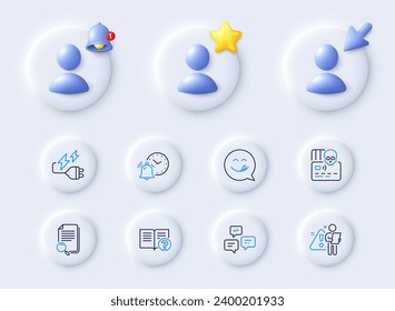 Search file, Search employee and Help line icons. Placeholder with 3d cursor, bell, star. Pack of Chat messages, Electricity plug, Yummy smile icon. Cyber attack, Alarm clock pictogram. Vector