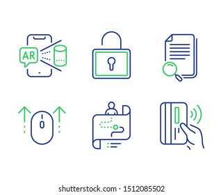Search file, Journey path and Swipe up line icons set. Lock, Augmented reality and Contactless payment signs. Find document, Project process, Scrolling page. Private locker. Technology set. Vector