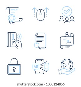 Search file, Journey path and Swipe up line icons set. Diploma certificate, save planet, group of people. Lock, Augmented reality and Contactless payment signs. Vector