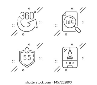 Search file, Ph neutral and 360 degrees line icons set. Crane claw machine sign. Find document, Water, Full rotation. Attraction park. Technology set. Line search file outline icon. Vector