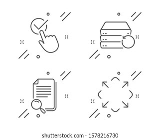 Search file, Recovery server and Checkbox line icons set. Maximize sign. Find document, Backup data, Approved. Full screen. Technology set. Line search file outline icon. Vector