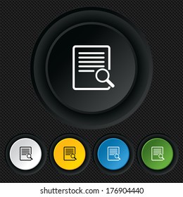 Search in file sign icon. Find in document symbol. Round colourful buttons on black texture. Vector