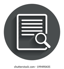 Search in file sign icon. Find in document symbol. Circle flat button with shadow. Modern UI website navigation. Vector