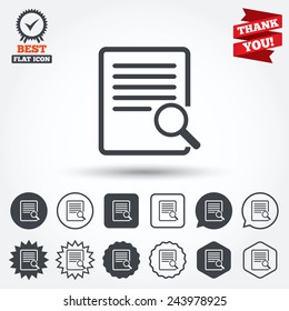 Search in file sign icon. Find in document symbol. Circle, star, speech bubble and square buttons. Award medal with check mark. Thank you. Vector
