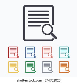 Search In File Sign Icon. Find In Document Symbol. Colored Flat Icons On White Background.