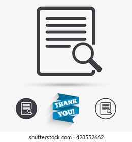 Search in file sign icon. Find in document symbol. Flat icons. Buttons with icons. Thank you ribbon. Vector