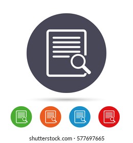 Search in file sign icon. Find in document symbol. Round colourful buttons with flat icons. Vector