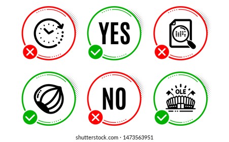 Search file, Time change and Hazelnut icons simple set. Yes no check box. Sports arena sign. Find document, Clock, Vegetarian nut. Event stadium. Business set. Search file icon. Check mark. Vector