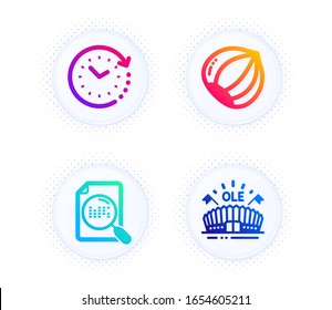 Suchdatei, Zeitänderung und Hazelnut Icons einfache Set. Taste mit halftonischen Punkten. Sportarena-Schild. Finden Sie Dokument, Uhr, Vegetarische Nuss. Veranstaltungsstadion. Business Set. Vektorillustration