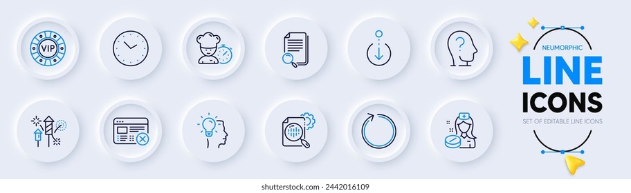 Search file, Vip chip and Time line icons for web app. Pack of Psychology, Idea, Chef pictogram icons. Nurse, Fireworks rocket, Seo stats signs. Reject web, Scroll down, Loop. Find document. Vector