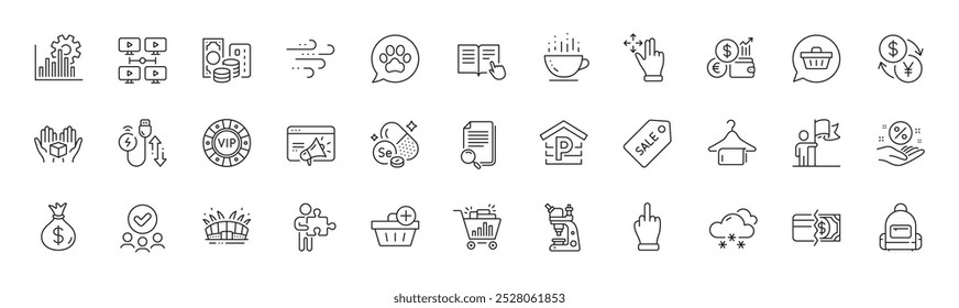 Arquivo de pesquisa, tempo ventoso e ícones de linha de microscópio. Pacote de métodos de pagamento, Caixa de espera, ícone Saco de dinheiro. Selenium mineral, Puzzle, Pictograma de videoconferência. Arena Stadium, os animais se importam. Vetor