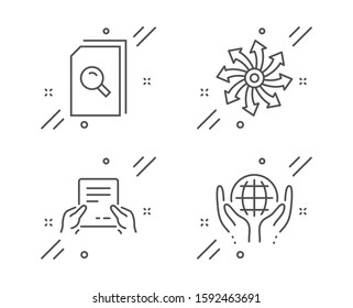 Search files, Receive file and Versatile line icons set. Organic tested sign. Magnifying glass, Hold document, Multifunction. Safe nature. Business set. Line search files outline icon. Vector