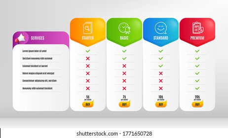 Search files, Smile face and Alarm bell line icons set. Pricing table, price list. Spanner sign. Magnifying glass, Chat, Time. Repair service. Technology set. Vector