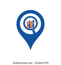 Search finance map pin shape concept logo design vector icon. Vector logo combination of a graph and magnifier.