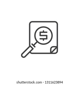 Search financial document file line icon. linear style sign for mobile concept and web design. Magnifying glass with dollar document outline vector icon. Symbol logo illustration. Pixel perfect vector