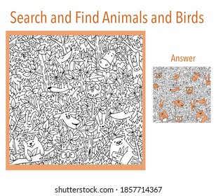 Search and find animals and birds. Game for kids. Puzzle hidden items. Funny cute cartoon characters. Black and white outline for coloring. Vector illustration.