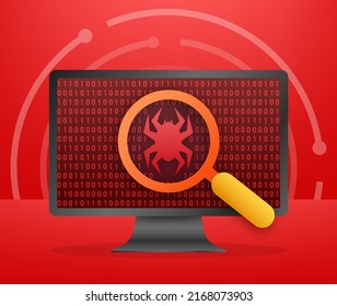 Search, find bugs and virus. Magnifying Glass scanning. Antivirus protection. Vector stock illustration.