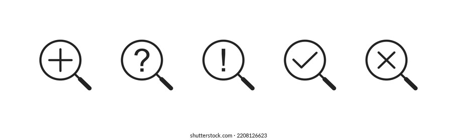 Search find icon set. Discovery concept. Zoom symbol. Plus, question,  check signs. Vector illustration.