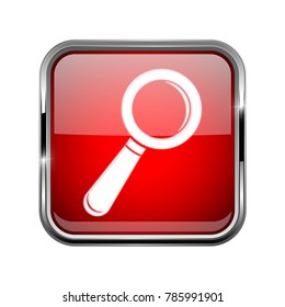 Search or Find icon. Square red 3d icon with chrome frame. Vector illustration