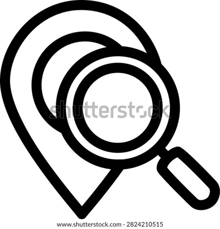 Search find location pin with magnifier outline icon. Magnifying glass overlapping map pin line art isolated on white for location search and find place discovery.