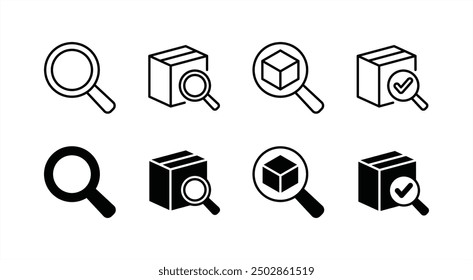 Paket, Paketlinie und flaches Symbol suchen oder suchen. Mit Lupe, Lupe mit Karton, Lupe mit Produkt und Häkchen. Vektorgrafik