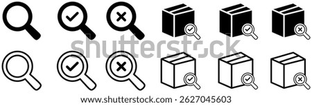 Search or find package, parcel line and flat icon set. Containing magnifying glass, magnifier with cardboard box, loupe with product and check mark. Vector illustration.