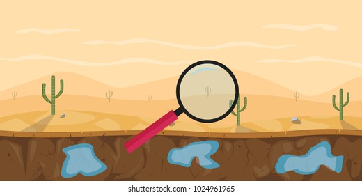 search or finding water in the desert with magnifying glass vector graphic illustration