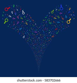 Search fireworks stream. Vector illustration style is flat bright multicolored iconic symbols on a blue background. Object double fountain created from random icons.