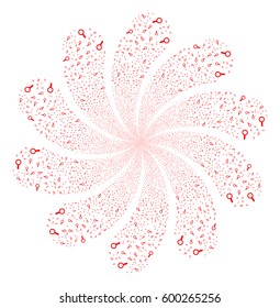 Search fireworks swirl flower with ten petals. Vector illustration style is flat red scattered symbols. Object whirl constructed from random pictographs.
