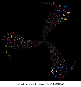 Search fireworks swirl rotation. Vector illustration style is flat bright multicolored iconic symbols on a black background. Object whirlpool created from random symbols.