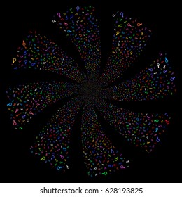 Search fireworks swirl rotation. Vector illustration style is flat bright multicolored iconic symbols on a black background. Object whirl constructed from random pictographs.