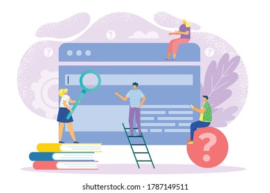 Suche im flachen Internet, Vektorgrafik. Web-SEO Business-Technologie, Mann Frau nahe Computergrafik-Datenkonzept. Mobile Design Website, Informationsrecherche im Browser.