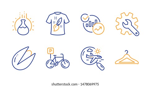 Search flight, Chemistry experiment and Customisation line icons set. Bicycle parking, Statistics and Pistachio nut signs. T-shirt design, Cloakroom symbols. Airplane trip, Laboratory flask. Vector