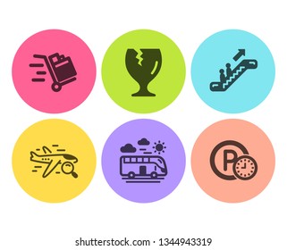 Search flight, Escalator and Push cart icons simple set. Bus travel, Fragile package and Parking time signs. Find travel, Elevator. Transportation set. Flat search flight icon. Circle button. Vector