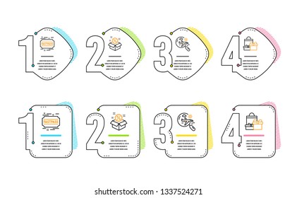 Search flight, Fastpass and Sale icons simple set. Shopping sign. Airplane trip, Entrance ticket, Discount. Holiday packages. Holidays set. Infographic timeline. Line search flight icon. Vector
