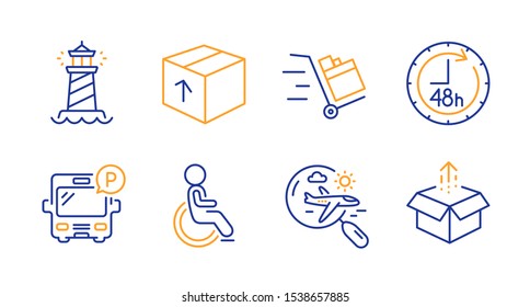 Search flight, Lighthouse and Bus parking line icons set. 48 hours, Disabled and Package signs. Push cart, Send box symbols. Airplane trip, Searchlight tower. Transportation set. Vector