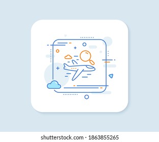 Icono de línea de vuelo de búsqueda. Botón de vector cuadrado abstracto. Avión con señal de lupa. Buscar el símbolo de los vuelos de aeropuerto. Icono de línea de vuelo de búsqueda. Insignia de concepto de calidad. Vector