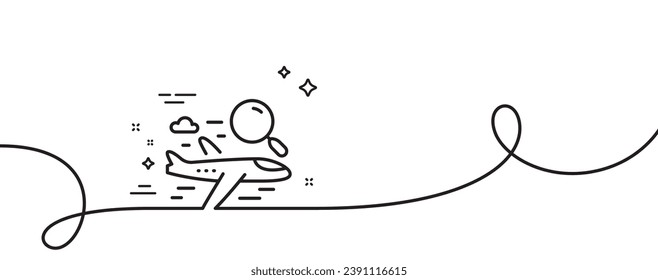 Search flight line icon. Continuous one line with curl. Airplane with magnifying glass sign. Find airport flights symbol. Search flight single outline ribbon. Loop curve pattern. Vector