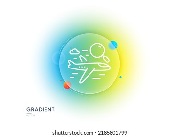 Search flight line icon. Gradient blur button with glassmorphism. Airplane with magnifying glass sign. Find airport flights symbol. Transparent glass design. Search flight line icon. Vector