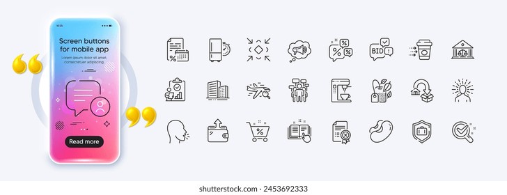 Search flight, Moving service and Chemistry lab line icons for web app. Phone mockup gradient screen. Pack of Beans, Megaphone, Mint bag pictogram icons. Vector