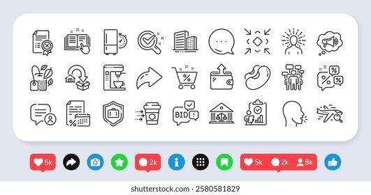 Search flight, Moving service and Chemistry lab line icons pack. Social media: share, comment, like icons. Beans, Megaphone, Mint bag web icon. Vector